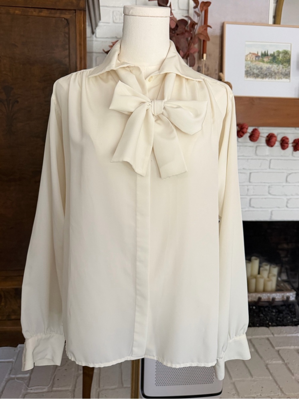 Vintage Jean Baptiste Cream Button Down Blouse With Neck Scarf